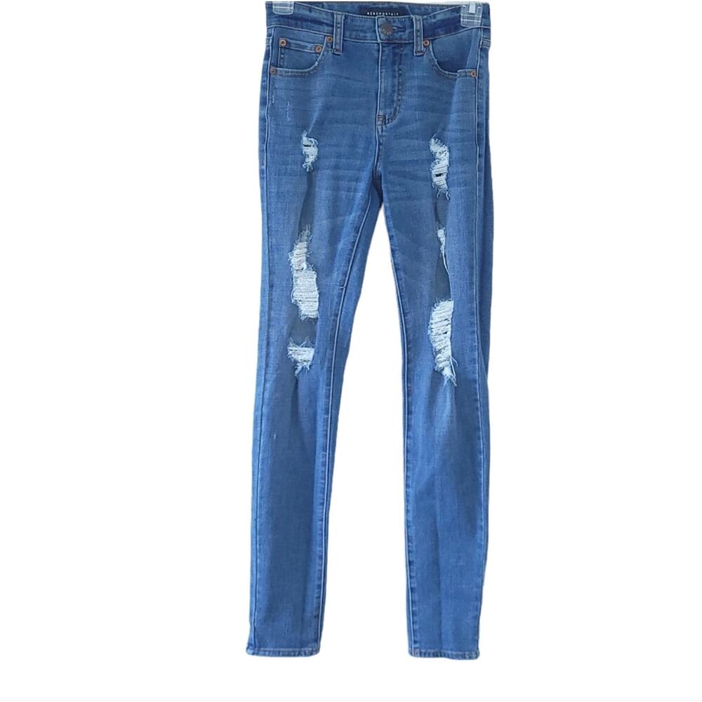 Aeropostale High Rise Jeggings Size 0 Blue Jeans Distessed Skinny Pants